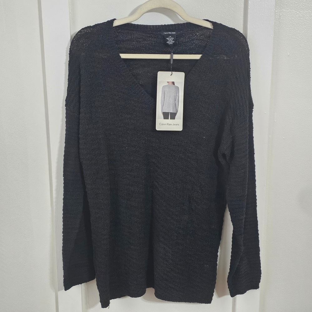 Calvin Klein Jeans Womens Black V-Neck Open Knit Long Sleeve Sweater L NWT